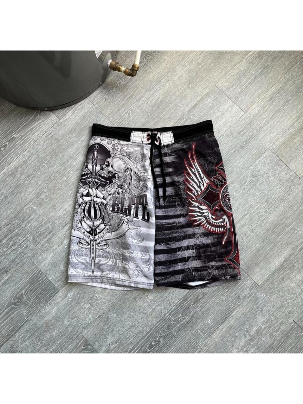 Black / White / Red Vintage MMA Elite Y2K Graphic Skull / Cross Board Shorts